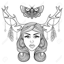 Exceptional Coloring Pages At Free Printable Forest Horns Deer Shaman Woman Nymph Dog Girl Beautiful Print