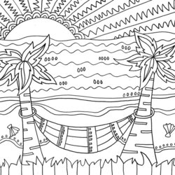 Preeminent Beach Coloring Pages Scenes Activities Printable Sunset Summer Adults Kids Tropical Hammock Doodle