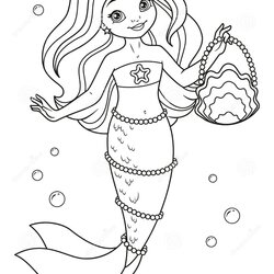 Cute Mermaid With Handbag Coloring Page Stock Vector Illustration Of Tale