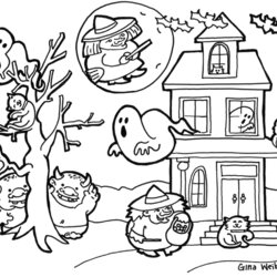 Fine Cute Halloween Coloring Pages For Kids Hard Color House Haunted Spooky Printable Boo Print Adults