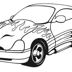 Great Cartoon Car With Flames On Hood And Wheels In Black White Vehicles
