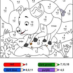 Fine Math Coloring Pages Color Addition Worksheets Worksheet Numbers Adding Kindergarten Pig Number Key Using