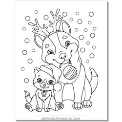 Preeminent Free Christmas Cat Coloring Pages Sheets Popular Reindeer Kitty Antlers Dog Santa Hat Cute