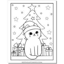 Free Christmas Cat Coloring Pages Most Popular Presents Full Size Santa Hat Tree Page Colouring Sheet