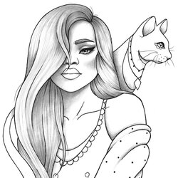Fantastic Printable Coloring Page Girl Portrait And Cat Colouring Sheet Sketches Outline Animals Sexy