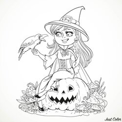 Superior Halloween Smiling Witch And Crow By Adult Coloring Pages Adults Kids Pumpkin Sitting Simple Raven